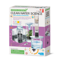 A box for the 4M Green Science Kit - Clean Water Science by 4M. It features components to construct a mini water filtration system and demonstrates solar power water disinfection, enabling users to build their own filtration and desalination plant. The packaging indicates that it is designed for children and emphasizes STEM education.