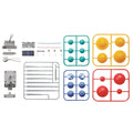 Various plastic model parts and electronic components are laid out in an orderly manner, forming the 4M Green Science Kit - Solar System by 4M. The colorful frames—blue, green, red, and yellow—include spherical shapes ideal for creating a solar system model. The electronic components feature wires, a small solar panel, and a motor.