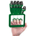 A hand model showcases realistic gripping movements using the 4M KidzLabs - Robotic Hand by 4M. The device, which resembles a robotic human hand, features a rectangular grip held in one hand with multiple finger slots. Each slot is equipped with attached resistance bands that connect to individual fingertip grips designed for exercise purposes.