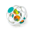 The Baby Einstein Grip & Spin Oball Rattle Toy features a spherical design with a white lattice structure. Inside the sphere, you'll find colorful elements including bands of green, yellow, and orange. The toy is also adorned with blue circular accents on its exterior for added visual appeal.