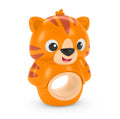 The Baby Einstein Teethe & Wobble Tiger Teether Toy is an adorable orange toy designed to resemble a cartoon tiger with dark orange stripes. Featuring a hole in the middle, large eyes, and a happy facial expression, this plastic toy is perfect for sensory exploration by babies or young children.