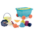 The Battat Beach Wagon with Toys by Battat is a vibrant beach toy set featuring a blue wagon with yellow, red, and orange wheels. The set includes a yellow bucket with a purple handle, various sandcastle molds and toys, a fish-shaped sand mold, a water wheel, and an orange toy boat—all arranged neatly.