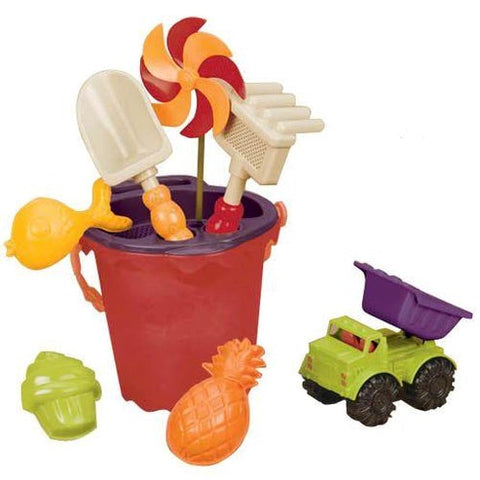 Introducing the Battat Sands Ahoy Medium Bucket - Mango by Battat: A vibrant toy set that includes a red bucket filled with delightful beach essentials like a pinwheel, shovel, and rake. Also included are playful plastic sand molds in the shapes of a fish, pineapple, and cupcake. Accompanying this set is a charming green and purple toy dump truck. These perfect beach toys are ideal for building your ultimate sandcastle adventure!