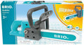 An image of the Brio Builder Chainsaw, a Brio quality construction toy suitable for ages 3 and up. This turquoise toy features a white and gray handle with a simulated blade. The packaging displays an illustration along with a "BRRRUM BRRUM" sound effect icon.