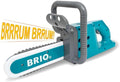 The Brio Builder Chainsaw, a high-quality toy from Brio, comes in a striking blue and gray color scheme with the brand name displayed on the blade. The textured handle ensures a good grip, and it features an exciting sound effect labeled "BRRRUM BRRRUM!!" in yellow text that indicates it makes noise. It's an ideal toy for kids who love construction-themed play!