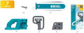 The Brio Builder Chainsaw set pieces are shown. The set includes a teal and white play chainsaw, a teal handle piece, a grey connector piece with holes, additional connectors, and screws. Known for its Brio quality construction toys, the packaging on the right displays the Brio logo and images of the contents.