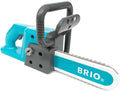 The Brio Builder Chainsaw is a toy designed to resemble a real tool, featuring a bright turquoise body with a gray handle and blade guard. The blade showcases the "Brio" name in white letters, guaranteeing Brio's renowned quality. Its ergonomic handle ensures an easy grip, making it a perfect addition to construction-themed playsets for children.