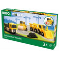 Box of Brio World Construction Vehicles toy set, featuring a cement mixer, steam roller, dump truck, and front loader. The box is labeled "Construction Vehicles 3+" and showcases the toy vehicles on a construction-themed background with cranes and gravel—perfect for imaginative roleplay.