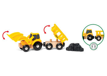 The Brio World Construction Vehicles by Brio feature a yellow construction vehicle with a front scoop loader and a detachable dump truck at the rear. Perfect for imaginative roleplay, both the scoop loader and dump truck bed can be adjusted to various positions. The set also includes small black pieces that resemble coal or rocks.