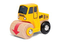 The Brio World Construction Vehicles steamroller, adorned with the "BRIO" logo on the front, is perfect for imaginative roleplay in your BRIO World. This vibrant yellow vehicle features black and red detailing along with a large wooden roller marked by a red arrow. With four sturdy black wheels and an additional black arrow on the side, this construction vehicle is primed for action.