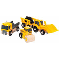 The Brio World Construction Vehicles set by Brio includes three miniature models: a yellow dump truck, a yellow front loader, and a yellow steamroller featuring a wooden roller. These toys are perfect for children's roleplay and come arranged side by side.