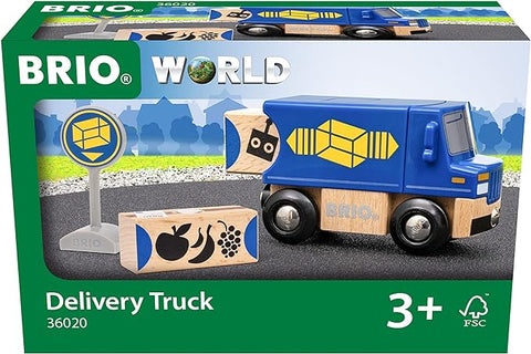 The image displays a box for the Brio World Delivery Truck by Brio, labeled "36020." This delightful set features a blue and yellow delivery truck, wooden cargo blocks with fruit and postal symbols, and a signpost adorned with a unique delivery logo. Designed for children ages 3 and up, this Wooden Goods set encourages imaginative play.