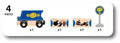 Introducing the Brio World Delivery Truck, a charming toy set by Brio! This delightful assortment includes four pieces: a blue Delivery Truck adorned with a yellow cargo image, two rectangular blocks each featuring unique fruit illustrations, and a gray road sign with a blue circle displaying a yellow symbol. Each item is labeled "x1" to indicate its inclusion in the set—an ideal addition to your BRIO World collection.