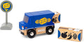 The Brio World Delivery Truck from Brio features a blue delivery truck with a yellow package icon on its side. It comes with two wooden cargo blocks, one displaying a fruit symbol and the other a camera symbol. Additionally, the set includes a small BRIO World sign that has a yellow package icon on a blue background, making it ideal for transporting your wooden goods.