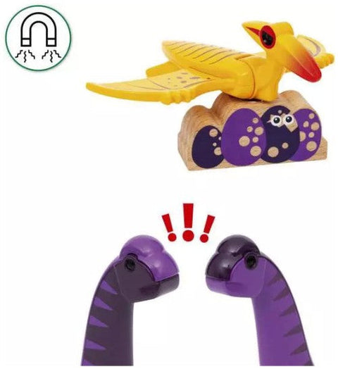 In the Brio World Dinosaur Adventure Set by Brio, a yellow toy pterodactyl perches on a nest of eggs with a magnetic symbol hovering overhead. Below, two purple dinosaur toys face one another with red exclamation marks placed between them, crafting an exhilarating scene.