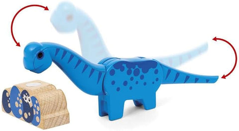 The Brio World Dinosaur Battery Train is shown next to a wooden switch, fitting perfectly into any BRIO World setup. The dinosaur, with its long neck that can move from side to side as indicated by red arrows, is decorated with dark blue spots along its back and has a friendly face. It pairs well with any toy train adventure under the trusted Brio brand name.