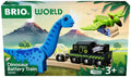 The image depicts the packaging of the Brio World Dinosaur Battery Train, a toy set from Brio. The box showcases a blue dinosaur figure, a black toy train engine, and a green pterodactyl against a scenic backdrop featuring mountains and trees. It also indicates that the product is suitable for children aged 3 and up.