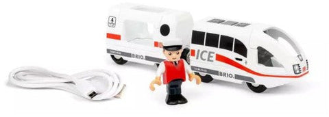 The Brio World ICE Rechargeable Train features a white toy train with red and grey stripes labeled "ICE" and "BRIO," along with a toy train conductor figure dressed in a red vest and white hat. The set includes a USB cable for convenient charging.