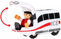 A Brio World ICE Rechargeable Train featuring a man in the back, equipped with a battery-powered engine for exciting, prolonged playtime.