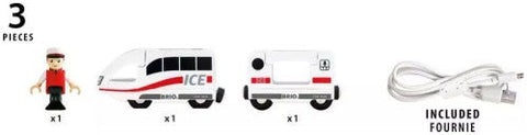 An illustration of the Brio World ICE Rechargeable Train set by Brio, featuring three pieces: a conductor figure, the ICE Rechargeable Train engine, and a white train car. Additionally, a USB charging cable is shown next to the train pieces.