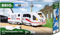 A Brio World box showcasing the ICE Rechargeable Train, part of the Trains of the World series, designed for children aged 3 and up. The packaging displays a white and red train with a driver figure, accompanied by landmarks such as the Berlin TV Tower and Brandenburg Gate. It also includes a USB charging cable.