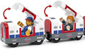 The Brio World London Underground Train by Brio includes two toy train vehicles with pivoting tops that reveal hidden figures. One vehicle features a smiling character dressed in a blue cap and overalls, while the other showcases a character wearing a suit and red tie. Part of the "Trains of the World" series, both trains boast a red, blue, and white color scheme adorned with the London Underground logo.