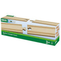 Box of Brio World Medium Straight Tracks 4 Pieces intended for ages 3 and up. The green and white box, part of the BRIO World, displays four wooden additional track pieces designed for children's railway sets.