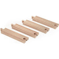 Four Brio World Medium Straight Tracks, each with connectors at both ends for easy assembly. These tracks are straight with a light natural wood grain finish. The connectors feature round and circular ends to fit together seamlessly, making them perfect for expanding your BRIO World railway set with additional track pieces.