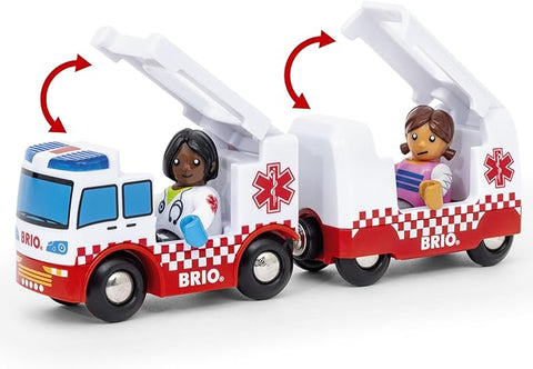 The Brio World Rescue Ambulance by Brio includes two vehicles, each with a hinged roof that opens. One vehicle features a medical professional in a lab coat, while the other has a patient in a hospital gown. Both vehicles boast red and white checkered designs with medical symbols, working sirens, and flashing lights for added realism.