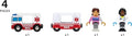 Image showing the Brio World Rescue Ambulance toy set by Brio, featuring four pieces: a Rescue Ambulance vehicle with flashing lights, an ambulance trailer, a female figurine wearing a striped shirt, and a doctor figurine with a stethoscope.