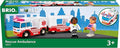 The Brio World Rescue Ambulance, from the Brio brand, comes in its packaging and features a rescue ambulance adorned with a red and white checkered design, complete with working sirens and flashing lights. The set includes two figures: one dressed in a white coat holding a medical instrument, and another figure. It is recommended for children aged 3 and up.