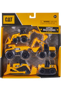 Introducing the CAT Little Machines 5 Pack: This toy construction set features five miniature construction vehicles, all presented in signature yellow and black packaging adorned with the iconic CAT (Caterpillar) logo. The set includes a bulldozer, dump truck, backhoe, wheel loader, and excavator. Ideal for engaging role-playing activities but please be aware of the choking hazard warning for children under 3 years old.