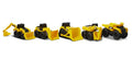 Five miniature yellow and black toy construction vehicles from the CAT Little Machines 5 Pack, including a backhoe, bulldozer, skid loader, excavator, and dump truck, are lined up in a row on a white background. Each vehicle proudly displays the CAT logo—ideal for role-playing with your ultimate toy construction set.