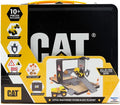 The CAT Little Machines Store-N-Go Playset is a children's construction site playset box with the brand CAT prominently displayed. It includes over 10 pieces such as a working crane, 2 little machines, road signs, cones, and barricades. The black packaging with yellow accents features the label "CAT Little Machines Store-N-Go Playset.