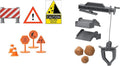 Image of various construction toys, including road signs, traffic cones, a barrier, a crane with a hook, and plastic rocks. The CAT Little Machines Store-n-Go Playset by CAT features warnings such as "Caution Falling Rocks," a general caution symbol, and "Road Work Ahead." Comes with portable toy storage.