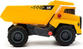 A large yellow CAT Power Haulers - Dump Truck with black and gray wheels. The truck features a rectangular cargo area in the back and a cab in the front. The word "CAT" is printed on the side along with some design elements, perfect for interactive play with Motion Drive Technology.