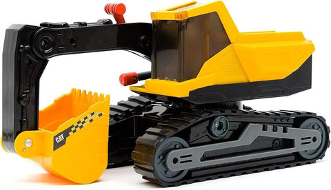 The CAT Power Haulers - Excavator plastic toy by CAT brings interactive play to life with its black and yellow components. It features a black arm and bucket with a red hinge, a yellow and black base, and rubber tracks. The cabin, also in black and yellow, is fitted with a small window for added realism.