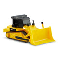 The CAT Power Mini Crew - Bulldozer by CAT is a yellow toy bulldozer with black accents and a black cab. It boasts detailed caterpillar treads, a front blade for pushing, realistic lights and sounds, as well as exhaust pipes. The design also features a branding label on the side with the text "CAT.