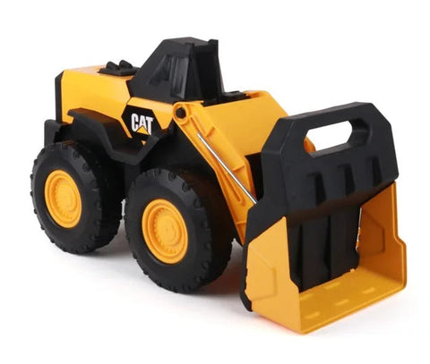 The CAT Steel Wheel Loader is a construction toy that showcases the CAT logo on its side, boasting large black wheels, a sleek black cabin, and a robust yellow front loader bucket.