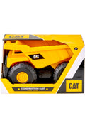 Displayed in its packaging, the CAT Tough Machines Construction Fleet - Dump Truck features a striking yellow and black color scheme adorned with the iconic CAT logo. This yellow toy dump truck is designed for push-powered play, ideal for children aged 2 and up, and perfect for both indoor and outdoor adventures.