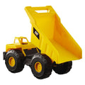 The CAT Tough Machines Construction Fleet Dump Truck is a yellow and black toy with large wheels and a tiltable cargo bed, perfect for indoor or outdoor play. Its simple, rugged design showcases the "CAT" logo on the side, making it part of the CAT Construction Fleet series of push-powered vehicles that resemble real construction trucks used for transporting materials.