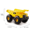 A CAT Tough Machines Construction Fleet - Dump Truck, featuring a vibrant yellow color and large black wheels, is displayed with detailed dimensions. Ideal for both indoor and outdoor play, this push-powered vehicle measures 10 inches (25.4 cm) in length, 5.5 inches (13.97 cm) in width, and 6.125 inches (15.55 cm) in height.
