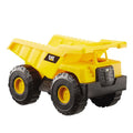 The CAT Tough Machines Construction Fleet - Dump Truck, featuring a yellow push-powered design with large black wheels and a black bed hinge, is shown. The toy resembles a miniature construction vehicle from the CAT brand, complete with the iconic CAT logo on its side. It's perfect for both indoor and outdoor play.