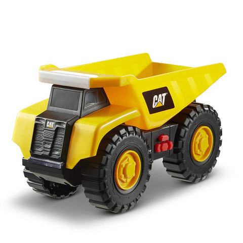 The CAT Tough Machines Lights/Sounds Dump Truck is a yellow toy dump truck with large black wheels. Featuring the "CAT" logo on the side, it's designed to resemble a construction vehicle. This dump truck includes engine revving sounds and realistic flashing lights, with its bucket raised at the rear.