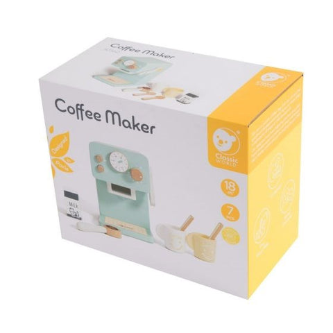 A box of the Classic World Coffee Maker, labeled by the same brand, features an image of a children's coffee machine along with cups, a milk carton, and various accessories. The predominantly white box with yellow accents indicates that it is suitable for children aged 18 months and up.