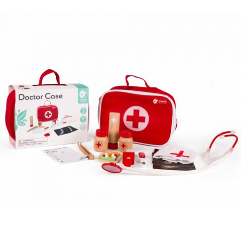 A children's toy set highlighted with the Classic World Doctor Case by Classic World, featuring a red and white design with a white cross. Perfect for roleplay scenarios, the kit includes various medical items such as a stethoscope, thermometer, medicine bottles, syringe, and prescription pad. The packaging is shown on the left.