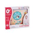 A boxed Classic World Forest Calendar by Classic World is designed for children aged 3 and above. The packaging displays a circular Wooden Calendar Clock crafted from natural wood, adorned with clock hands, numbers, and vibrant illustrations. The front also features a cheerful child and emphasizes how this captivating educational tool nurtures young minds.