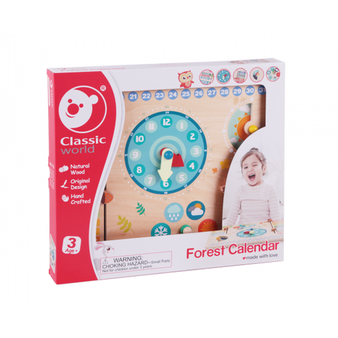 A boxed Classic World Forest Calendar by Classic World is designed for children aged 3 and above. The packaging displays a circular Wooden Calendar Clock crafted from natural wood, adorned with clock hands, numbers, and vibrant illustrations. The front also features a cheerful child and emphasizes how this captivating educational tool nurtures young minds.