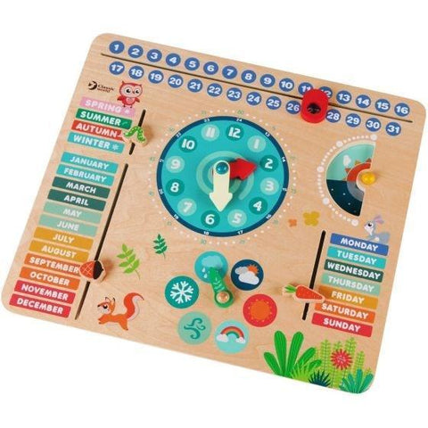 The Classic World Forest Calendar by Classic World is a wooden clock for children featuring colorful, movable parts to indicate the date, day of the week, month, season, weather, and time. Illustrated with cute animals and nature themes on natural wood, this interactive learning tool includes bright labels and wheels for fun education.