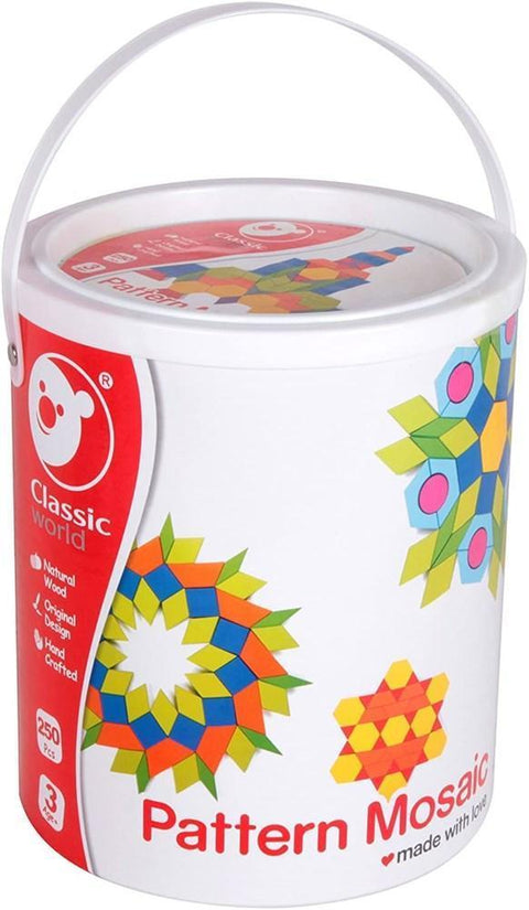 A cylindrical container for the "Classic World Pattern Mosaic Set (250 piece)" by Classic World. The white container boasts colorful geometric mosaics and a smiling bear logo. Crafted from environmentally friendly tea wood, it features a plastic handle and emphasizes its natural, hand-crafted quality. Suitable for ages 3 and up.